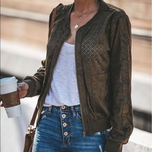 Laser cut faux suede bomber jacket